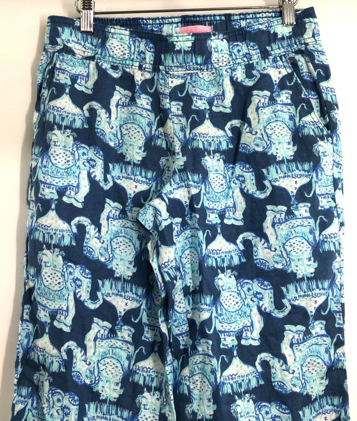 Lilly Pulitzer Women's Florita Linen Pant Deep Indigo Joy Ride Elephant Sz S NWT