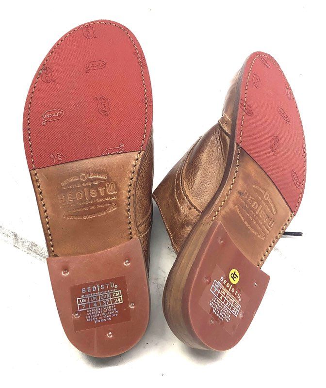 Bed Stu Mickie Distressed Brown Leather Wingtip Cobbler Mule Shoes Women's Sz 7