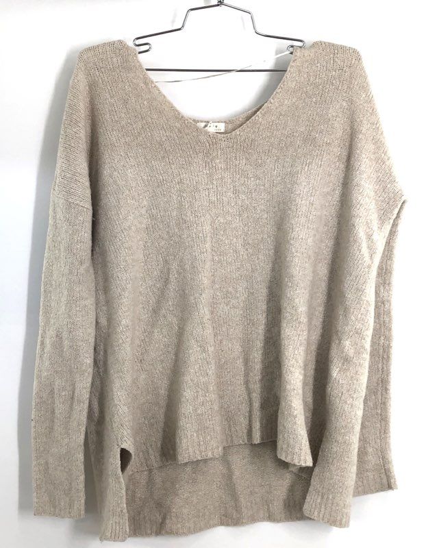 Joie SOFT Women's Beige Oatmeal V-Neck Oversized Side Slit Knit Sweater Sz XXS