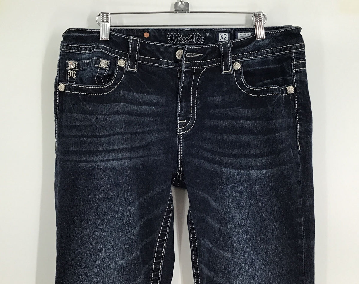 Miss Me Women&#39;s Blue Dark Wash Mid-Rise Denim Bootcut Jeans - Size 32