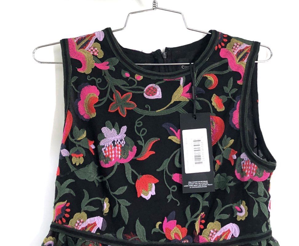 Cynthia Rowley Women's Black Multi Floral Embroidered Mesh Peplum Top Sz S NWT