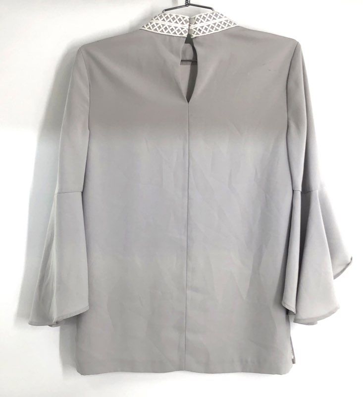 Anna Cate Women's Gray Embroidered Mock Neck Tiered Bell Sleeve Blouse Size XS