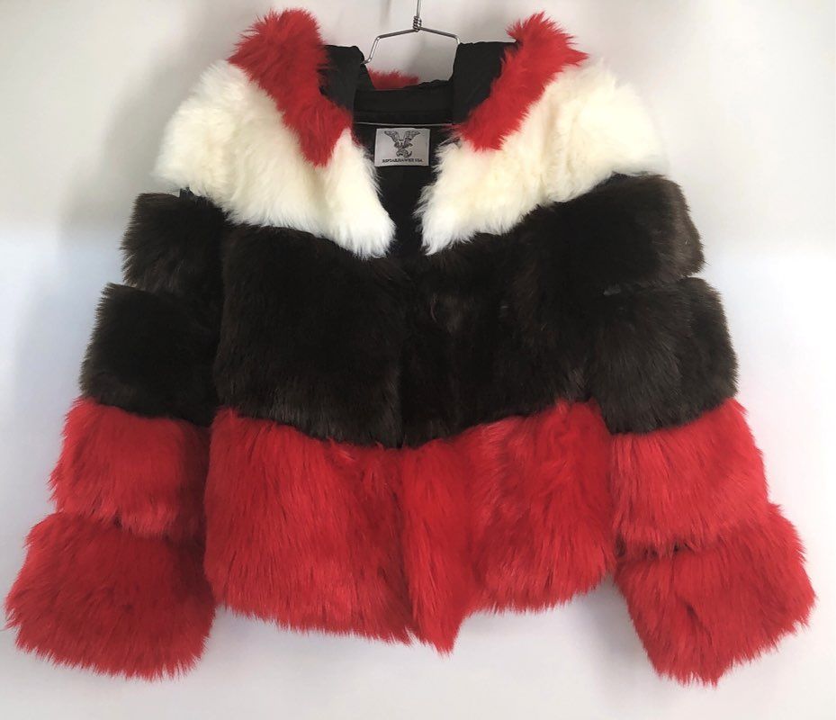 Vintage Y2K Reptailhawke USA Women's Red Cream Brown Faux Fur Hooded Coat Sz L