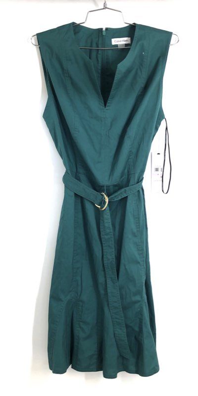 Calvin Klein Women's Green Belted Sleeveless V-Neck Fit & Flare Dress Sz 6 NWT