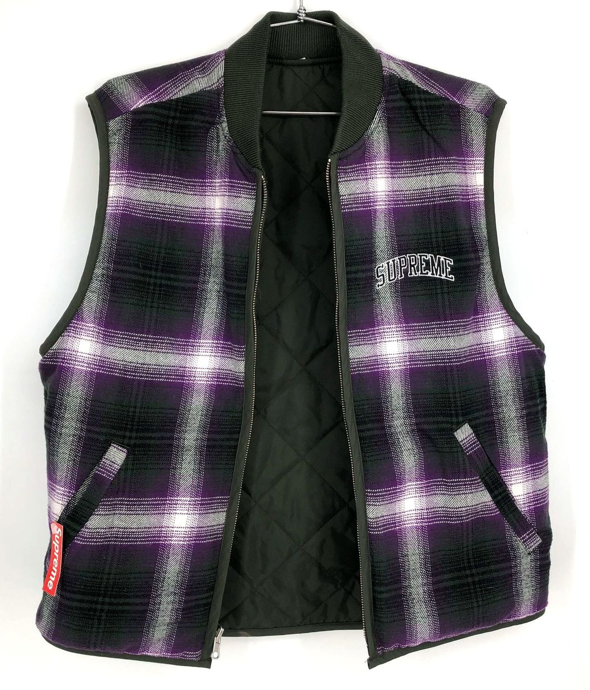 NWT Supreme Men&#39;s Purple/Olive Green Reversible Shadow Plaid Zip Vest - Size S