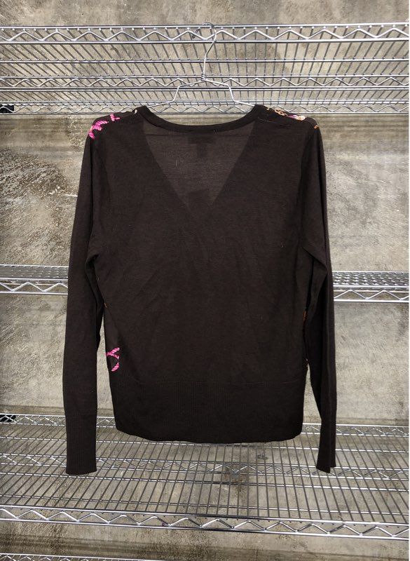 Talbots Women's Cardigan Sweater Brown Scarf Print Equestrian NWT Size L