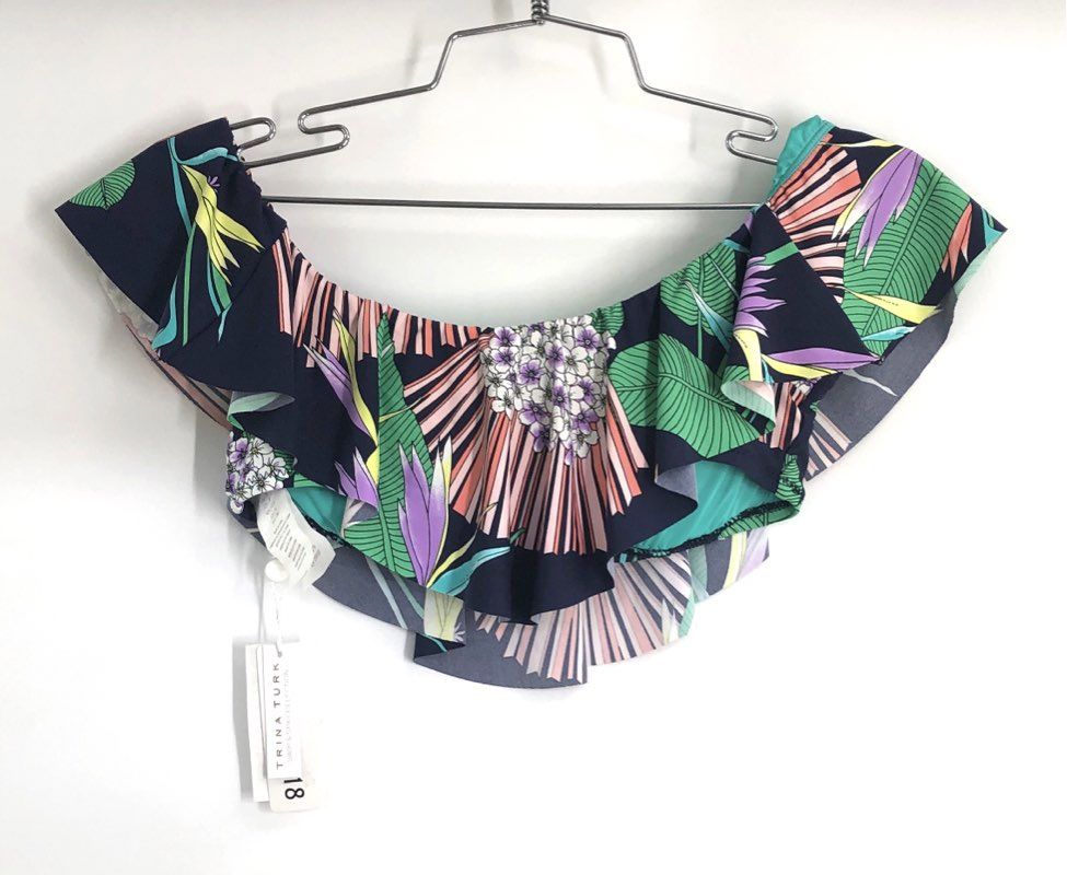 Trina Turk Women's Navy Multi Alana Off Shoulder Ruffle Bikini Top Sz 4 NWT