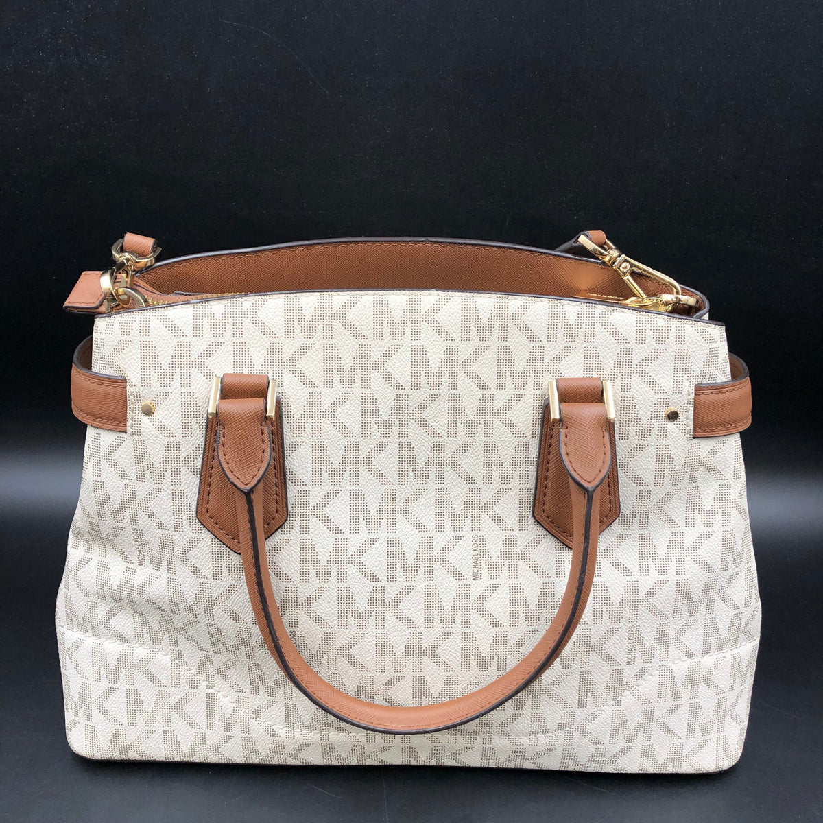 Michael Kors Ivory Brown Jet Set Logo Shoulder Satchel Bag Gold Hardware COA