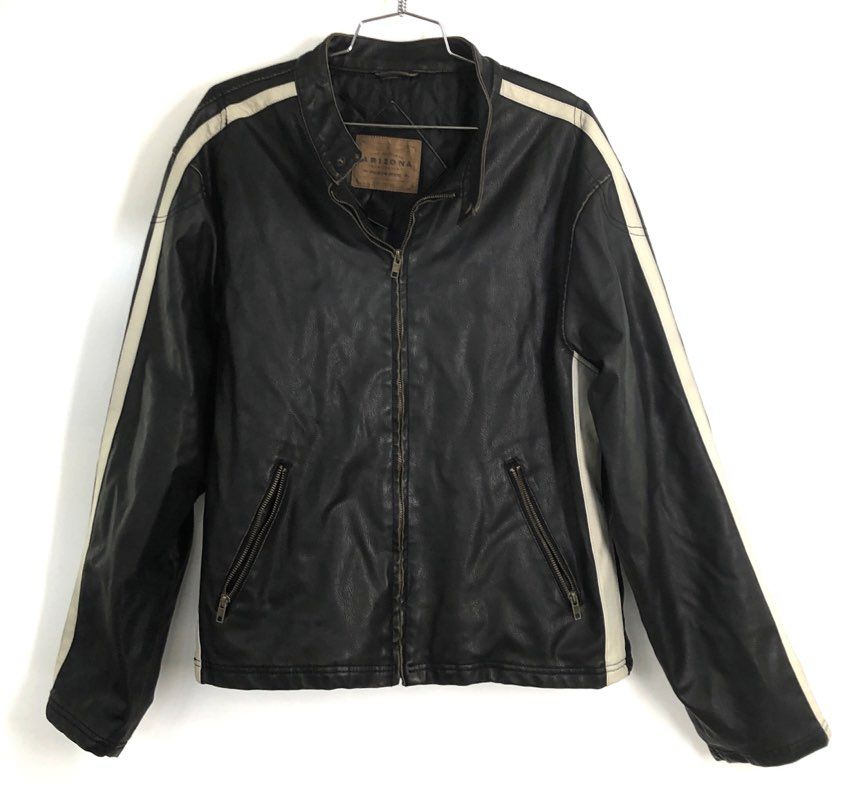 Arizona Men's Black Cream Stripe Faux Leather Cafe Racer Moto Jacket Sz L