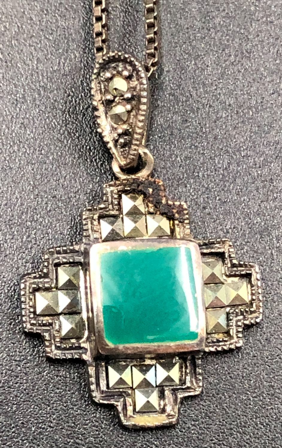 Sterling Silver 925 Green Stone Marcasite Art Deco Cross Pendant Necklace 20"