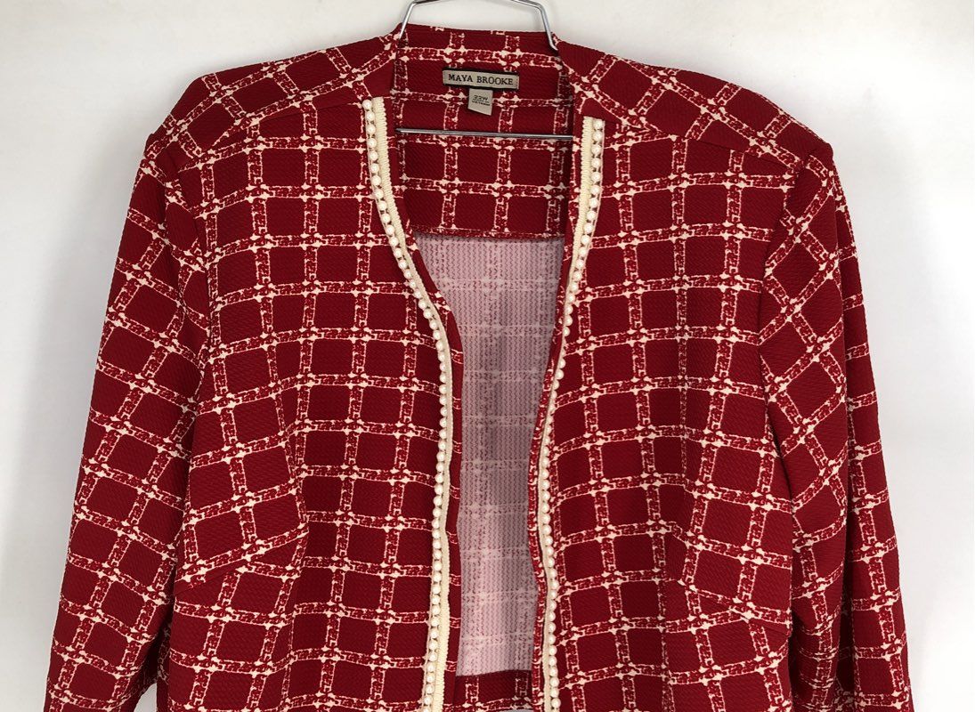NWT Maya Brooke Crimson Red Grid Plaid Pearl Trim Blazer Jacket Sze 22W