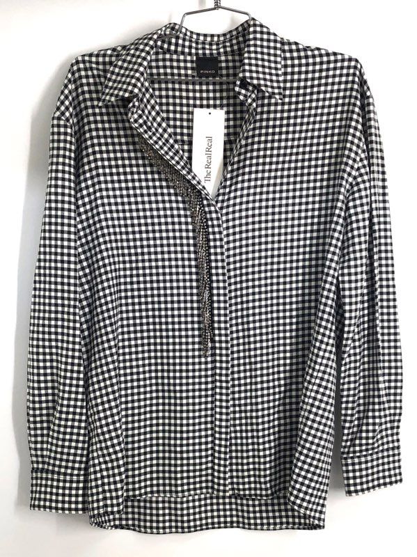 Pinko Women's Gingham Check Long Sleeve Embellished Blouse Black White Sz 4 NWT