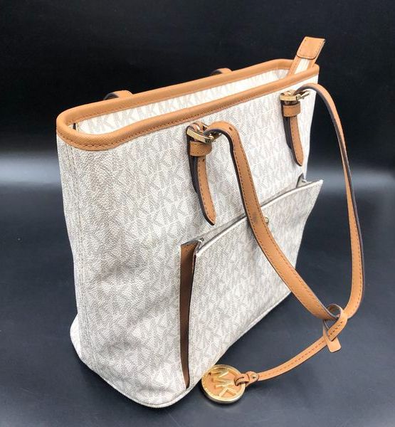 Michael Kors Ivory Brown Signature Logo Jet Set Tote Handbag COA