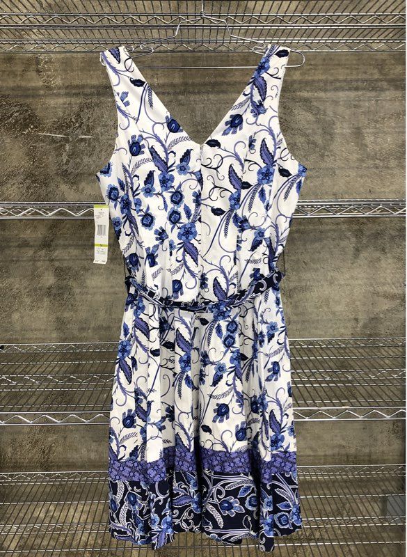 Nine West Women's Dress White Blue Floral A-Line V-Neck Belted Sz 14 NWT