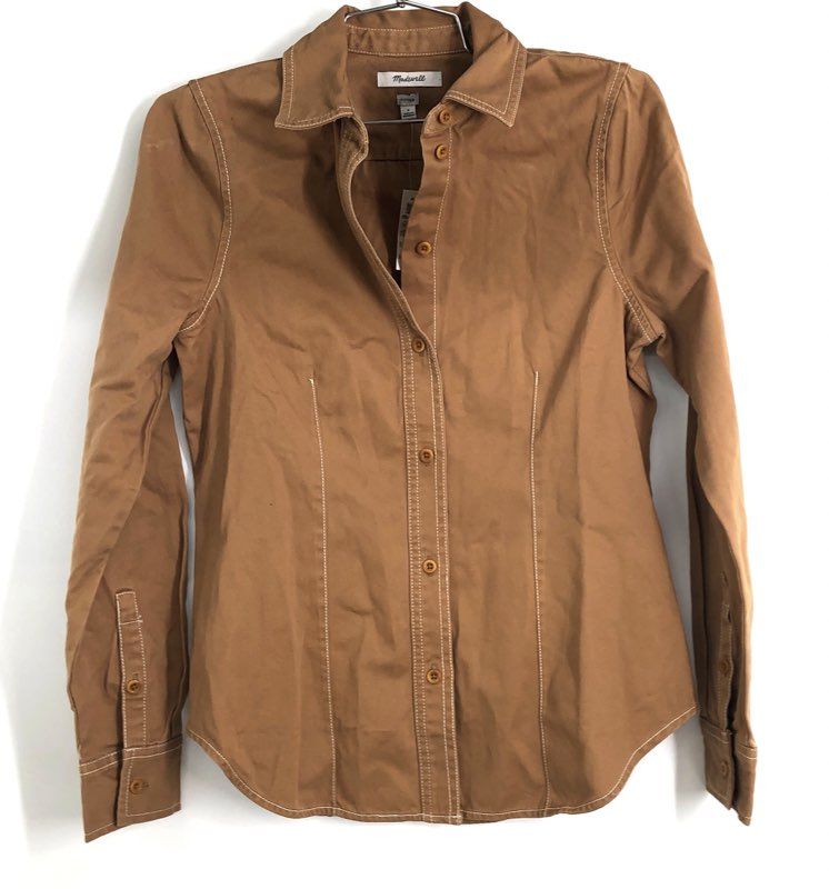 Madewell Women's Brown Camel Contrast Stitch Fitted Button Down Shirt Sz 0 NWT