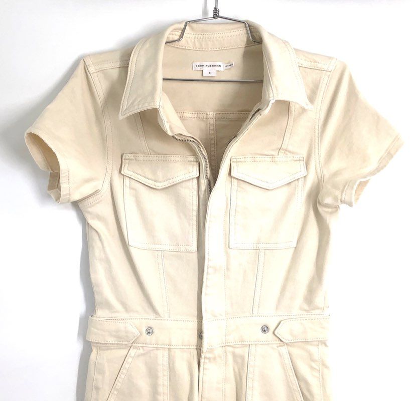 Good American Women's Cream Denim Zip Front Short Sleeve Utility Jumpsuit Sz S