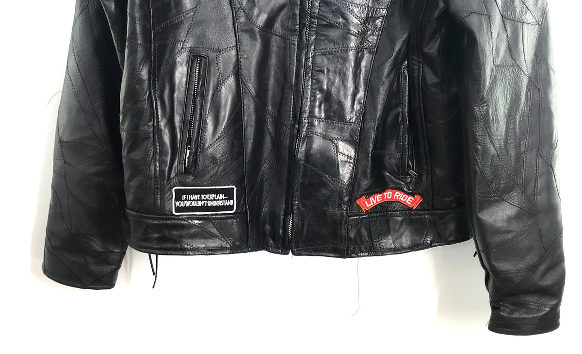 Diamond Plate Buffalo Leather Biker Motorcycle Jacket Live To Ride Patches Sz M