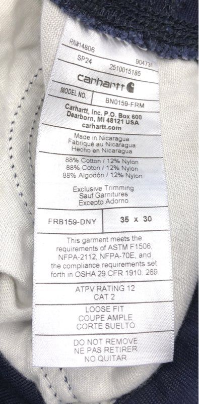 Carhartt Men's Flame-Resistant Loose Fit Work Pants Navy BN0159-FRM 35x30 NWT