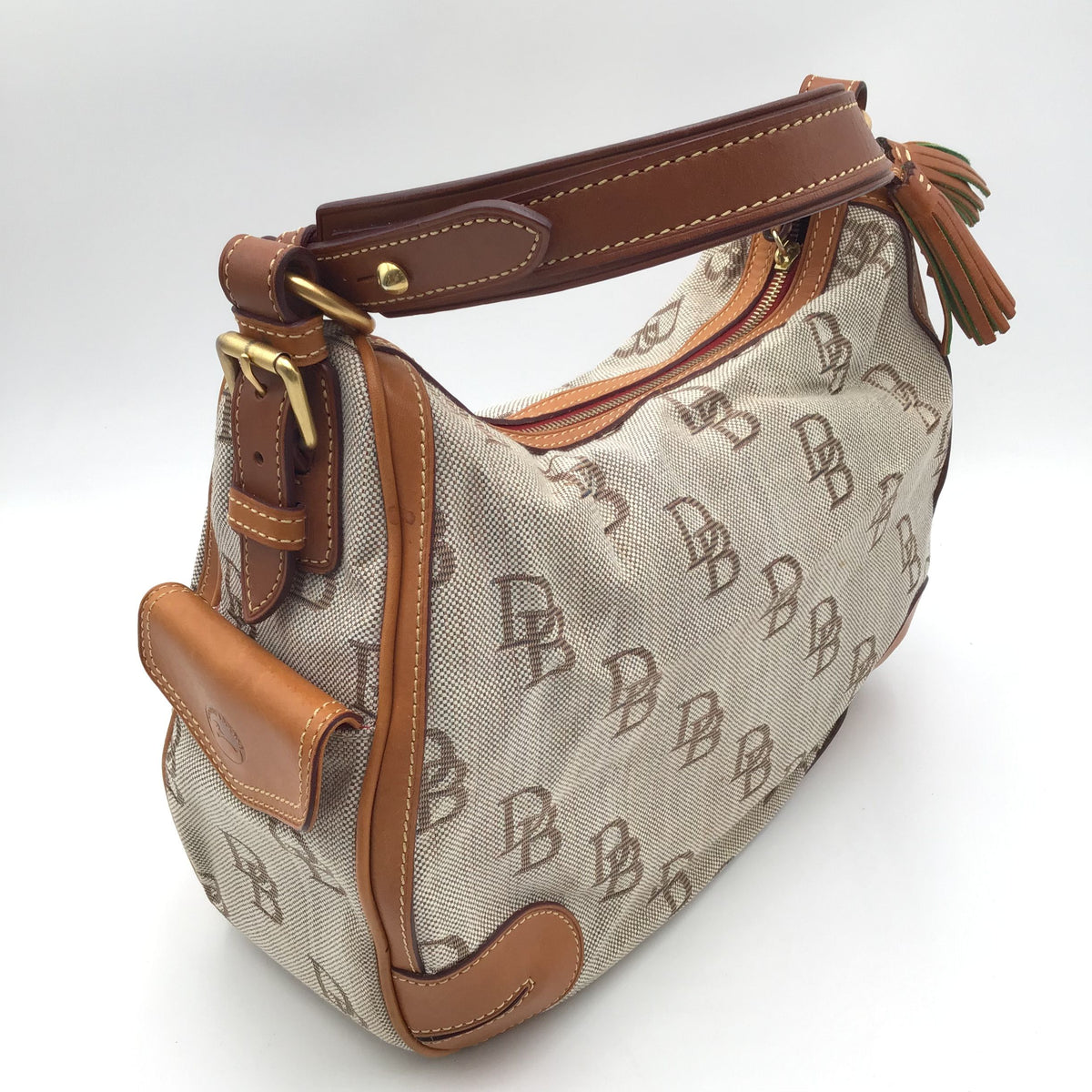 Authentic Dooney &amp; Bourke Women&#39;s Tan Luxury Logo Print Hobo Bag - COA Included