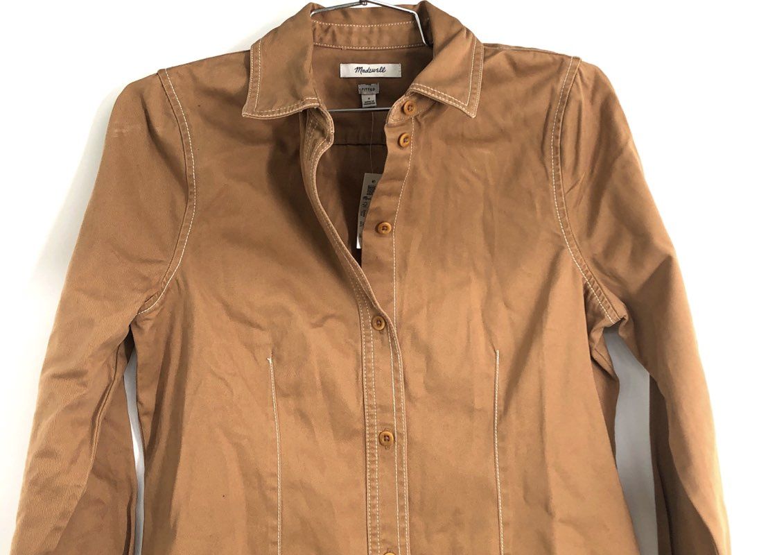 Madewell Women's Brown Camel Contrast Stitch Fitted Button Down Shirt Sz 0 NWT