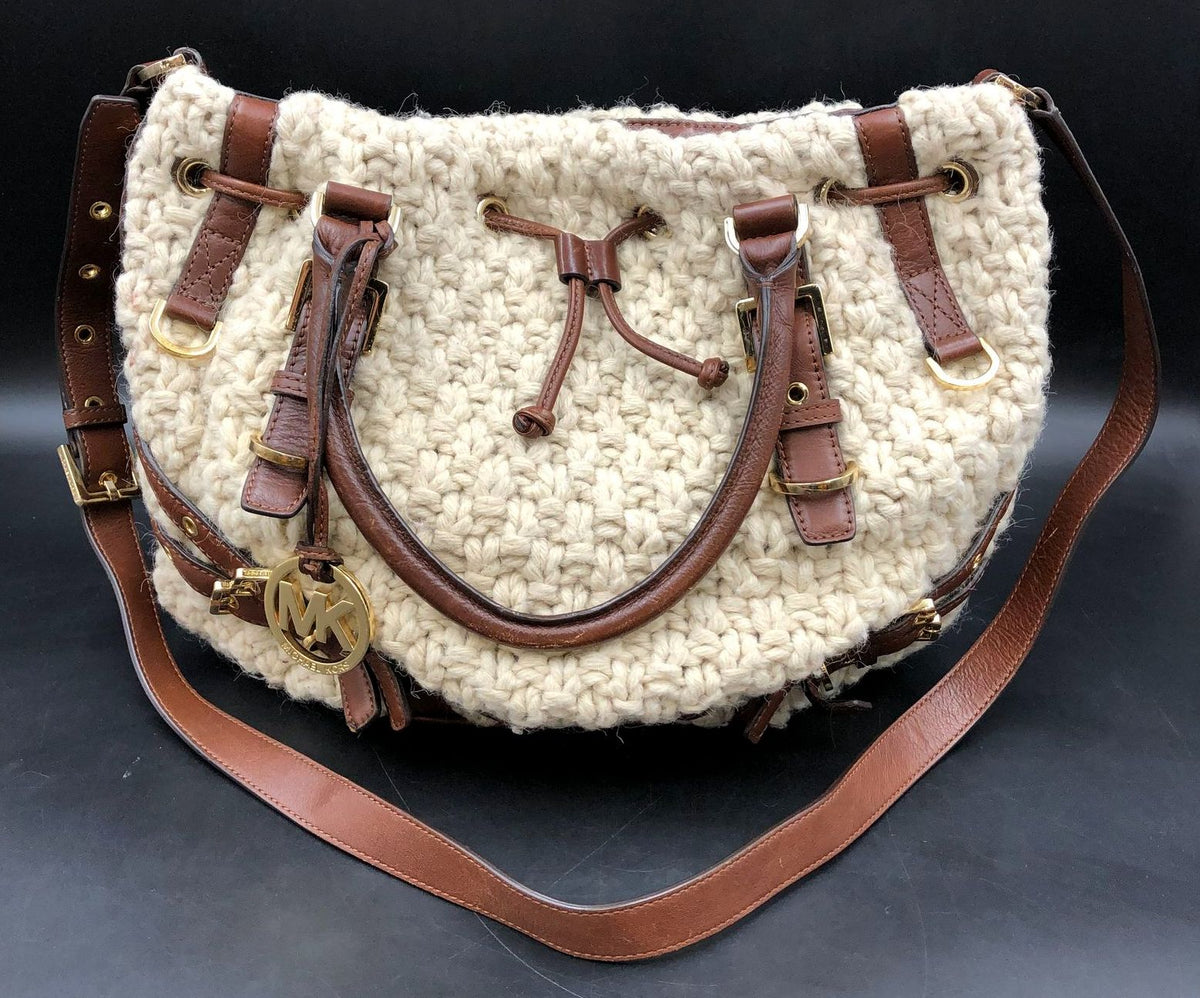 Michael Kors Beige Knit Yarn & Brown Leather Shoulder Bag w/ Gold Accents (+COA)