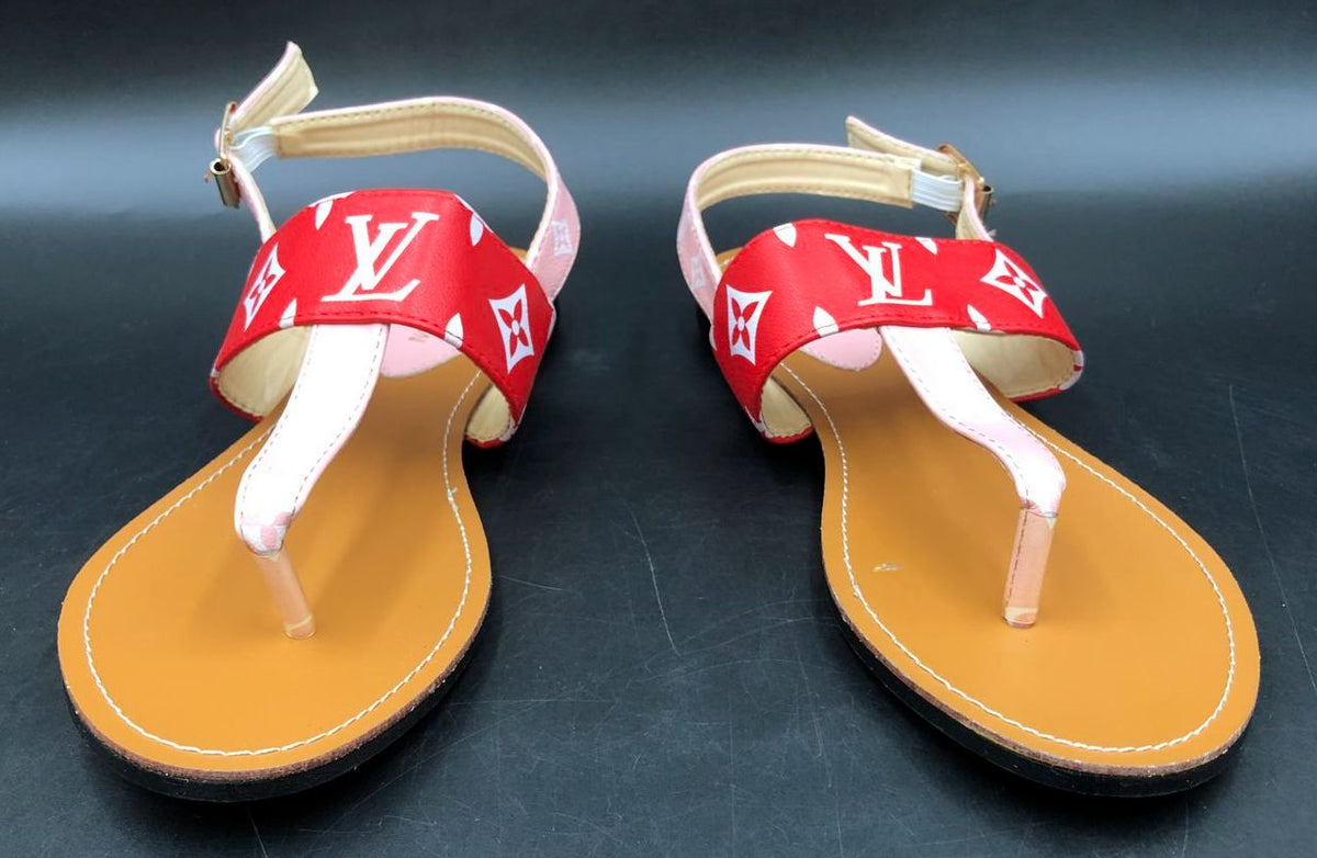 Louis Vuitton Inspired Women's Brown/Red/Pink Monogram Print Sandals - Size 38