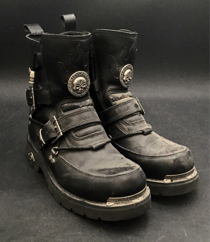 Harley-Davidson Brake Buckle Skull Black Leather Biker Motorcycle Boots