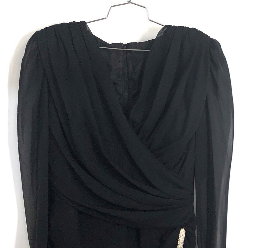 Vintage 90s Elissa Womens Black Ruched Chiffon Cocktail Dress Sz 14