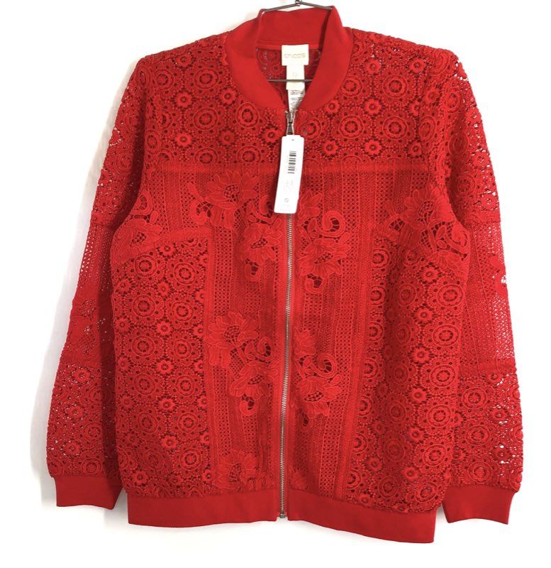 Chico's Women's Red Lace Full Zip Bomber Jacket NWT Sz 0