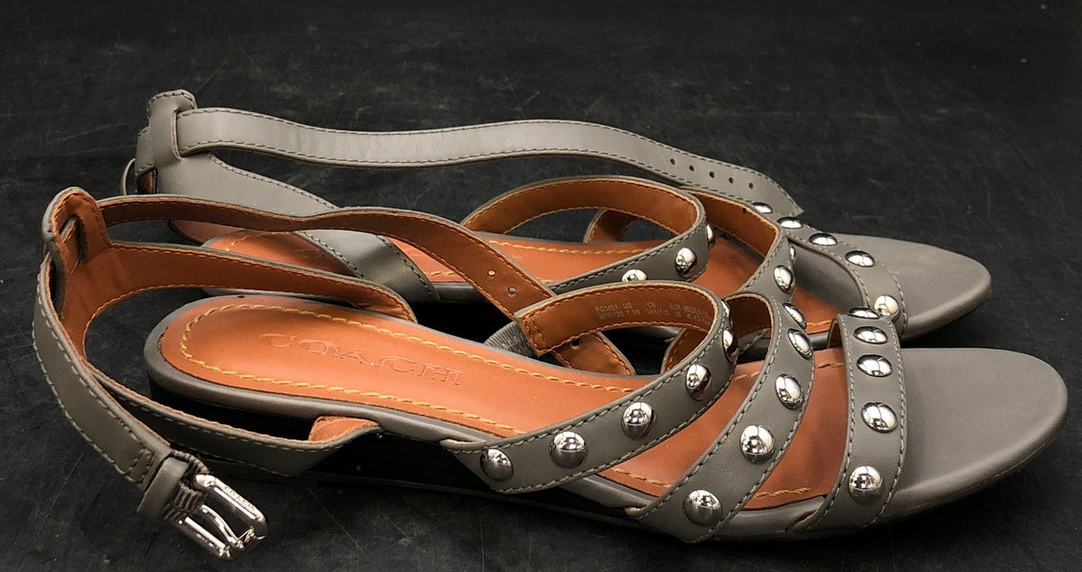 Coach Jaci FG3451 Grey Leather Studded Ankle Strap Sandals Size 7.5
