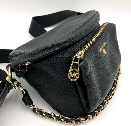 Michael Kors Black Pebbled Leather Cooper Fanny Pack Belt Bag Gold Hardware COA