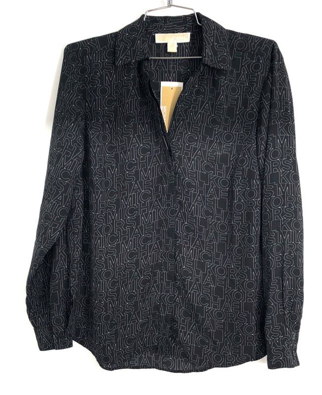 MICHAEL Michael Kors Women's Logo Print Button Down Blouse Black NWT Sz S