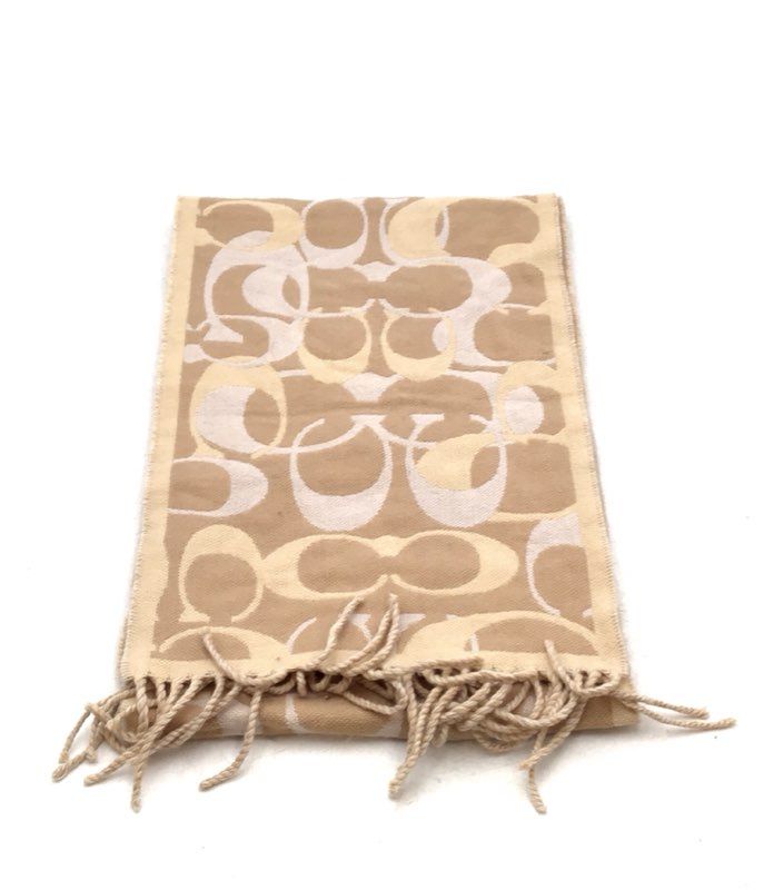 Coach Women&#39;s Ivory Beige Signature Print Merino Wool Fringe Hem Rectangle Scarf