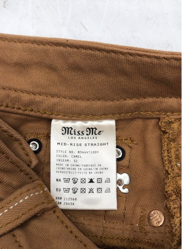 Miss Me Women's Camel Mid-Rise Straight Embellished Flap Pocket Pants Sz 28x32