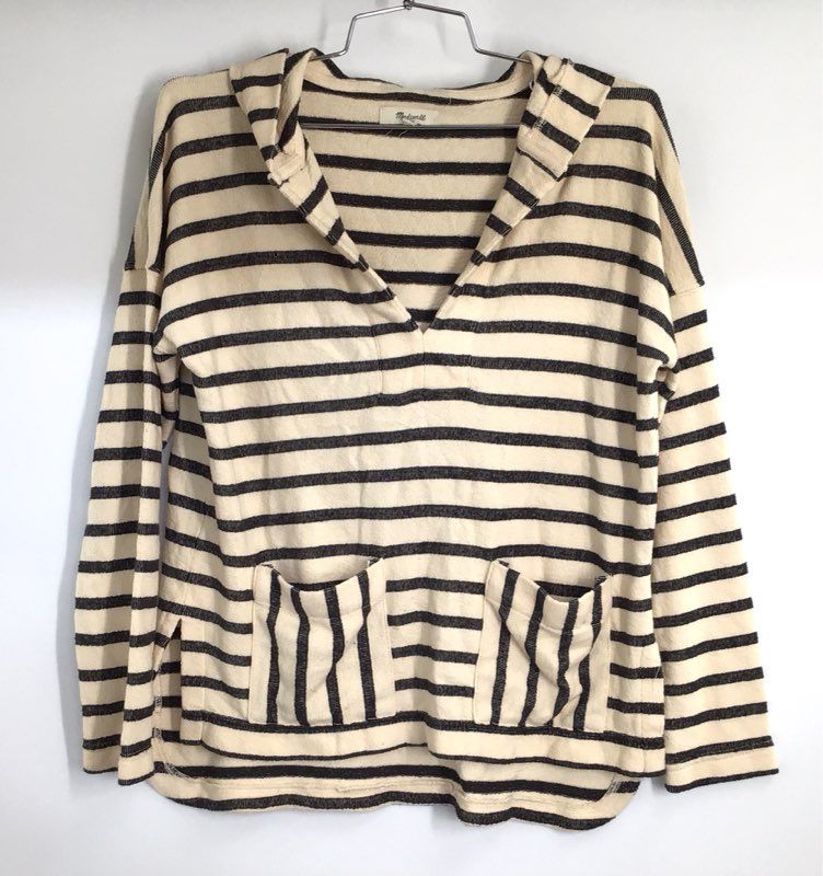 Madewell Women's Striped Hooded Pullover Shirt Cream Navy Pockets XXS