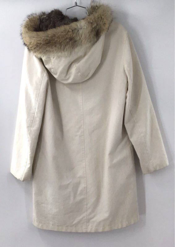 Vintage Women's Rabbit Fur Lined Parka Coat Cream Hooded Real Fur Trim USA L