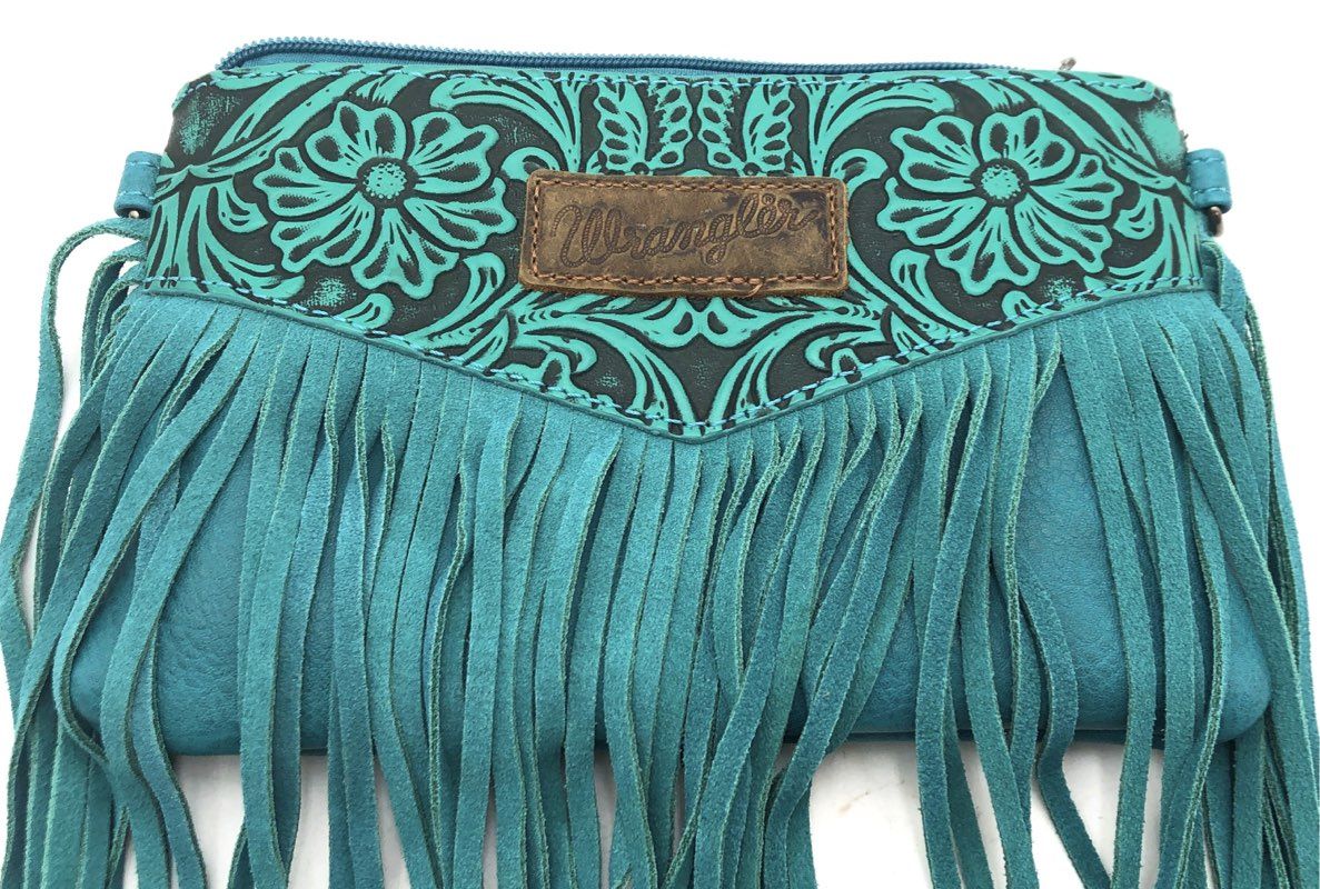 Wrangler Teal Tooled Floral Fringe Crossbody Wallet Bag Turquoise Western Boho