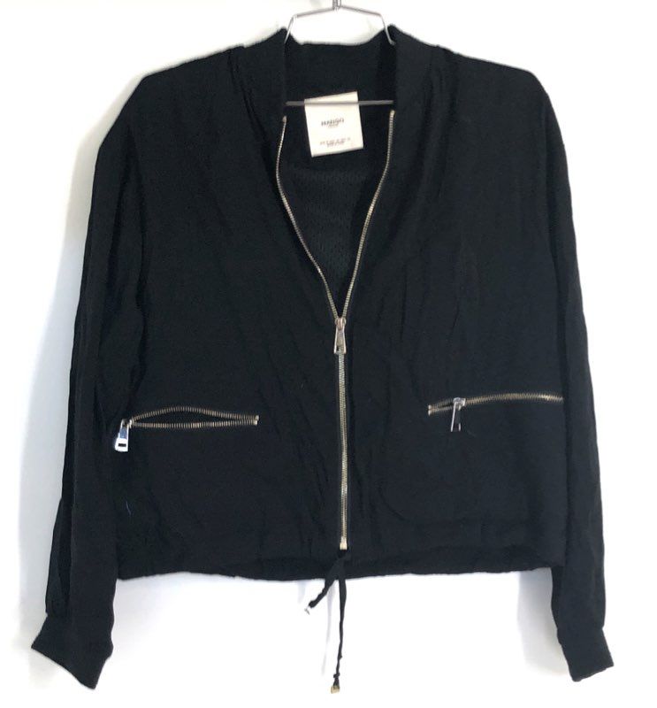 Mango Women's Black Lightweight Zip Up Bomber Jacket Drawstring Hem Sz XS
