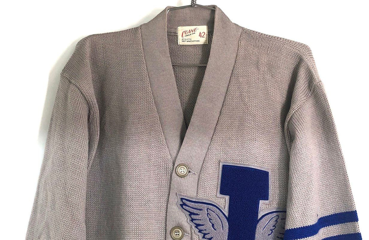 Vintage 50s 60s Coane 100% Wool Letterman Jacket Cardigan Winged L Sz 42 USA