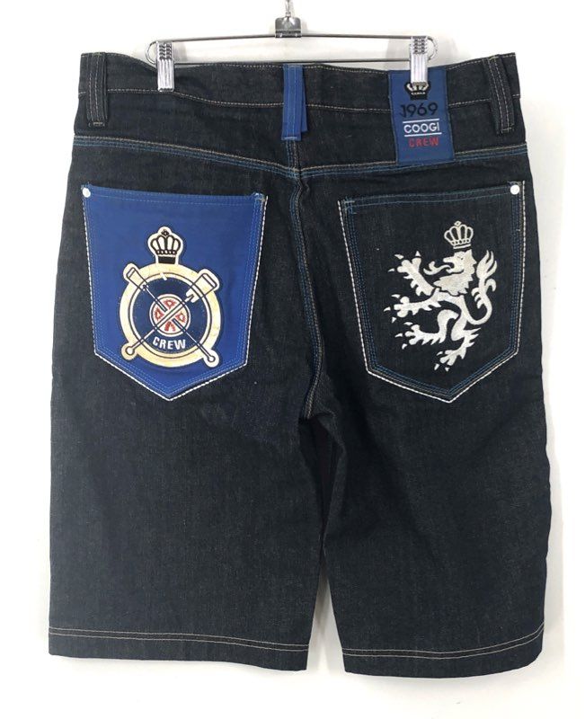 Vintage Y2K Coogi Men's Denim Shorts Embroidered Crew Logo Blue Baggy Sz 38