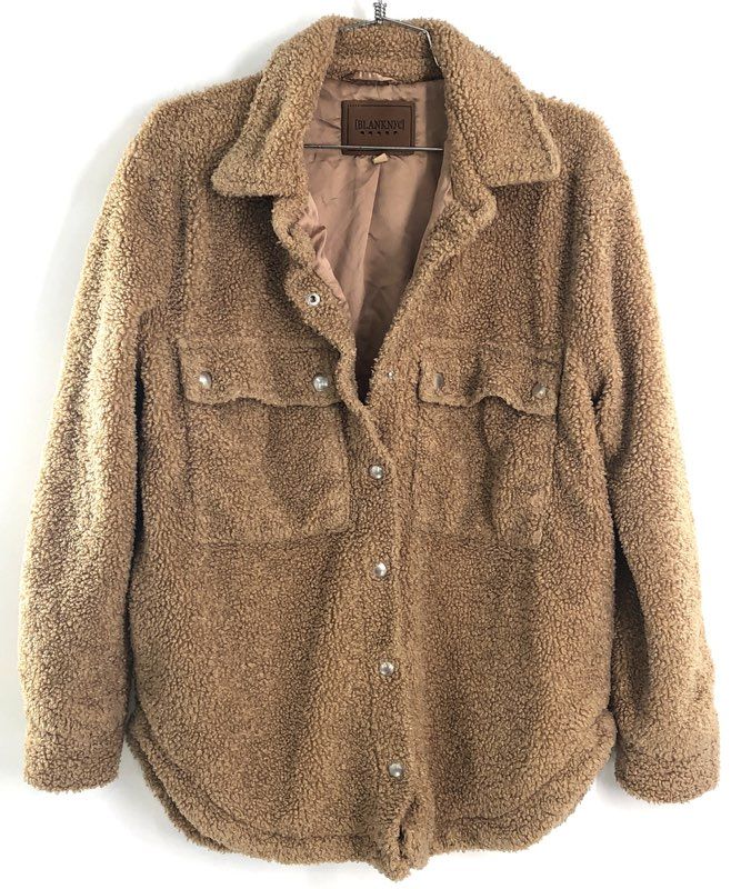 [BLANKNYC] Women's Tan Teddy Sherpa Shacket Jacket Woah Nelly Snap Front Sz XS