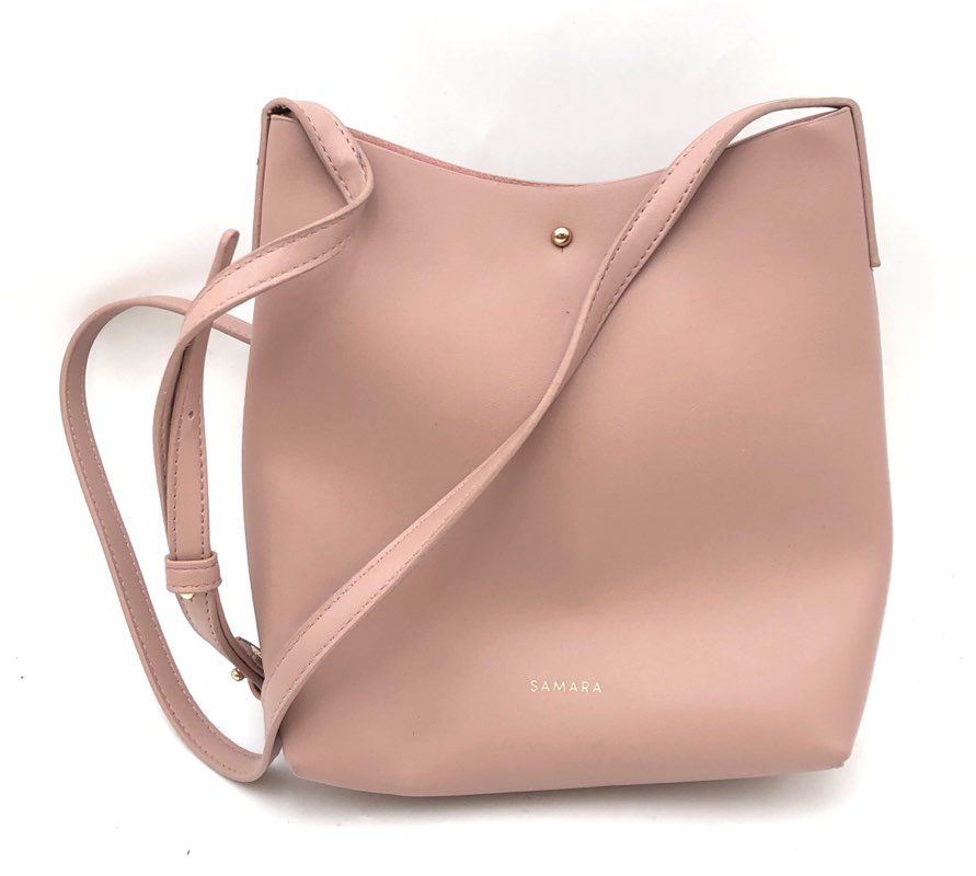 Samara Blush Pink Vegan Leather Minimalist Crossbody Bucket Bag Small