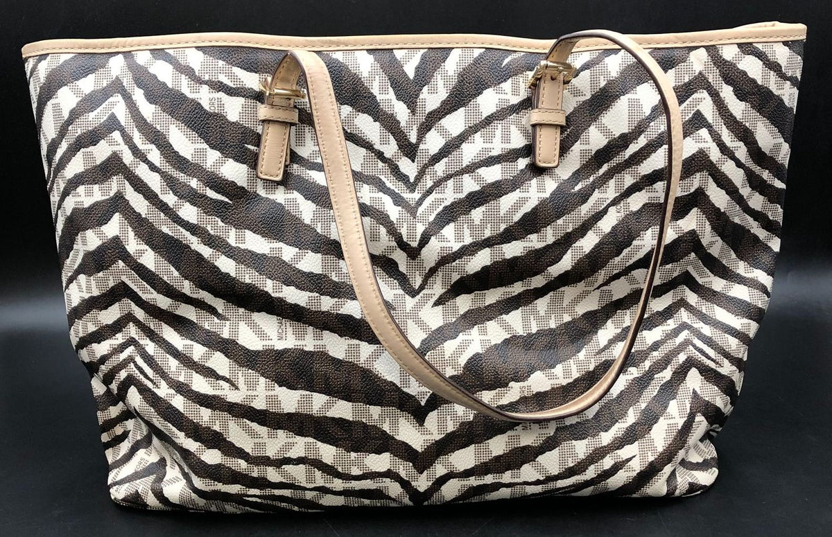 Michael Kors Cream White/Brown Signature Zebra Print Tote w/ Leather Trim (+COA)