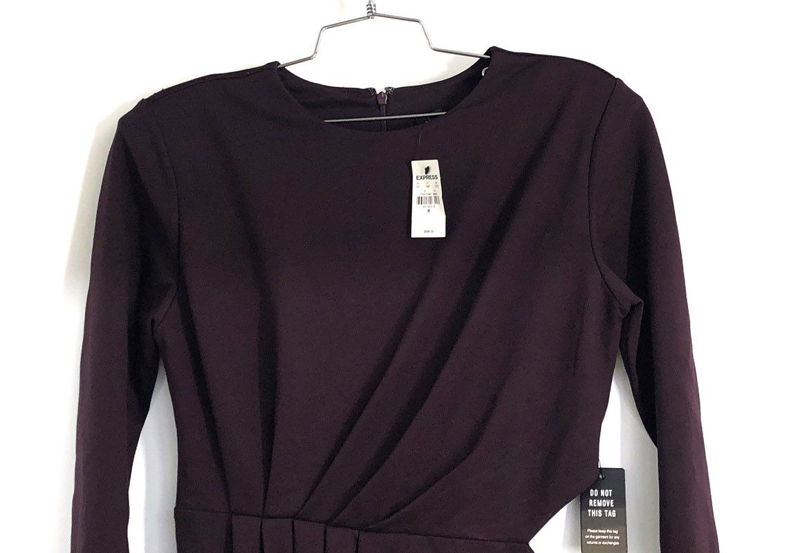 Express Women's Side Cutout Long Sleeve Pleated Asymmetric Dress Purple Sz M NWT