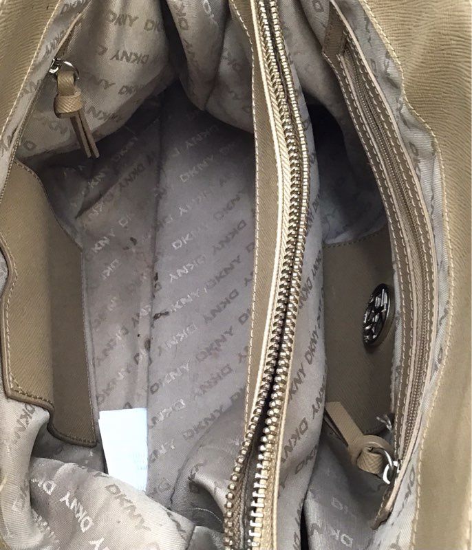 DKNY Tan Red Monogram Canvas Leather Tote Bag Gold Tone Hardware