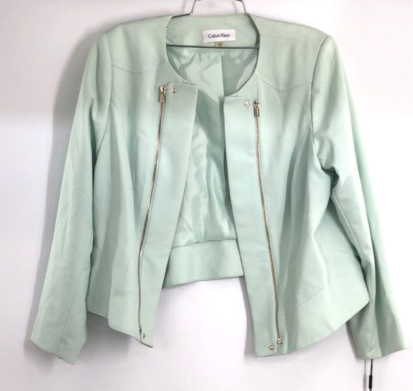Calvin Klein Women's Mint Green Collarless Zip Front Blazer Jacket NWT Size 14W