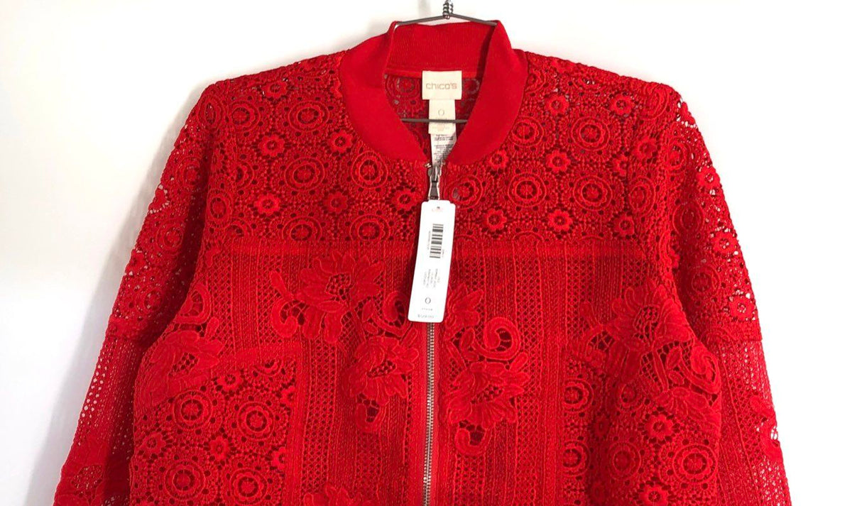 Chico's Women's Red Lace Full Zip Bomber Jacket NWT Sz 0