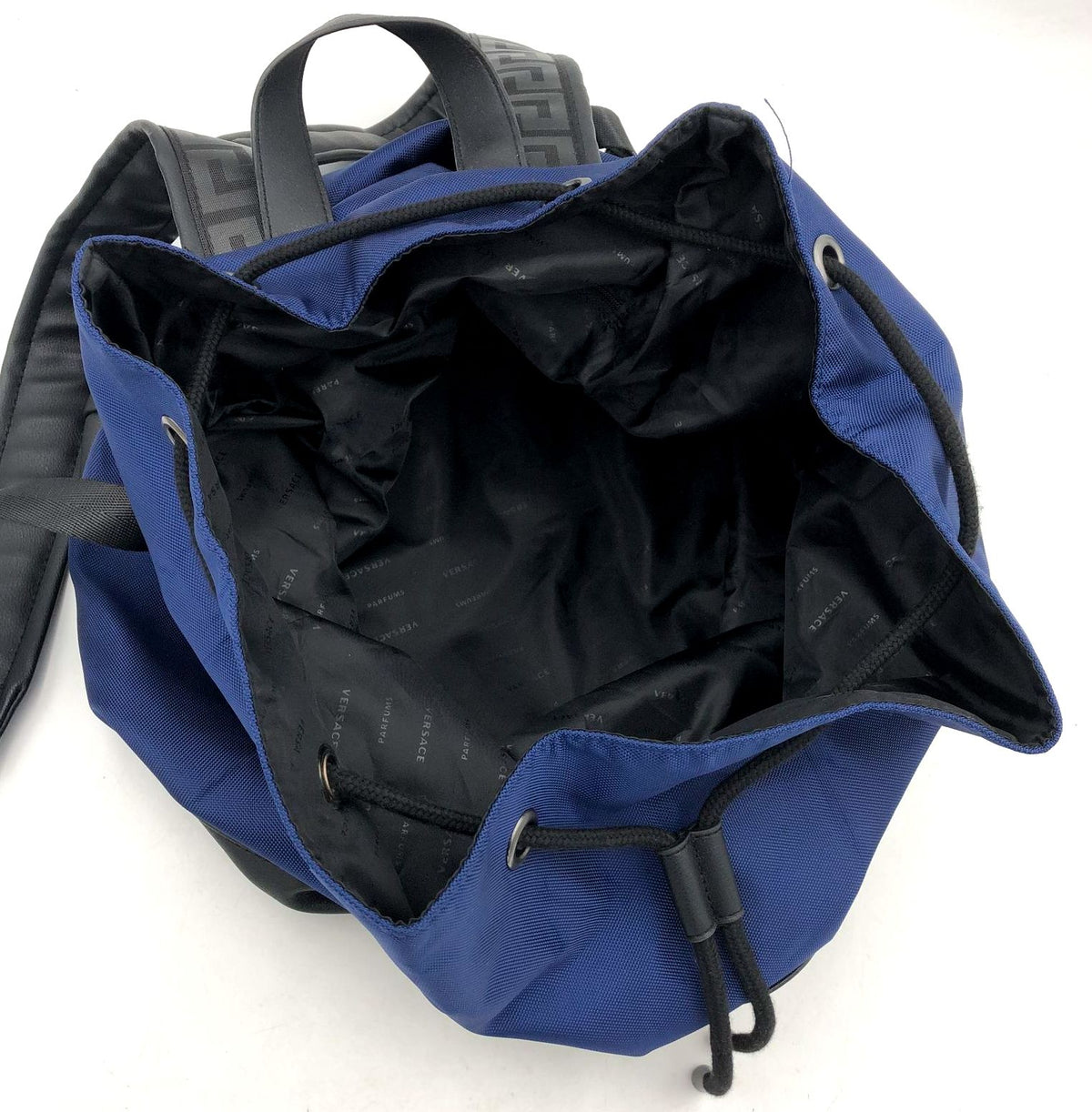 Versace Parfums Large Navy Blue Nylon Drawstring Backpack with Black Trim (+COA)