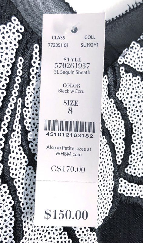 White House Black Market Women's Black Ecru Sequin Sheath Dress NWT Sz 8