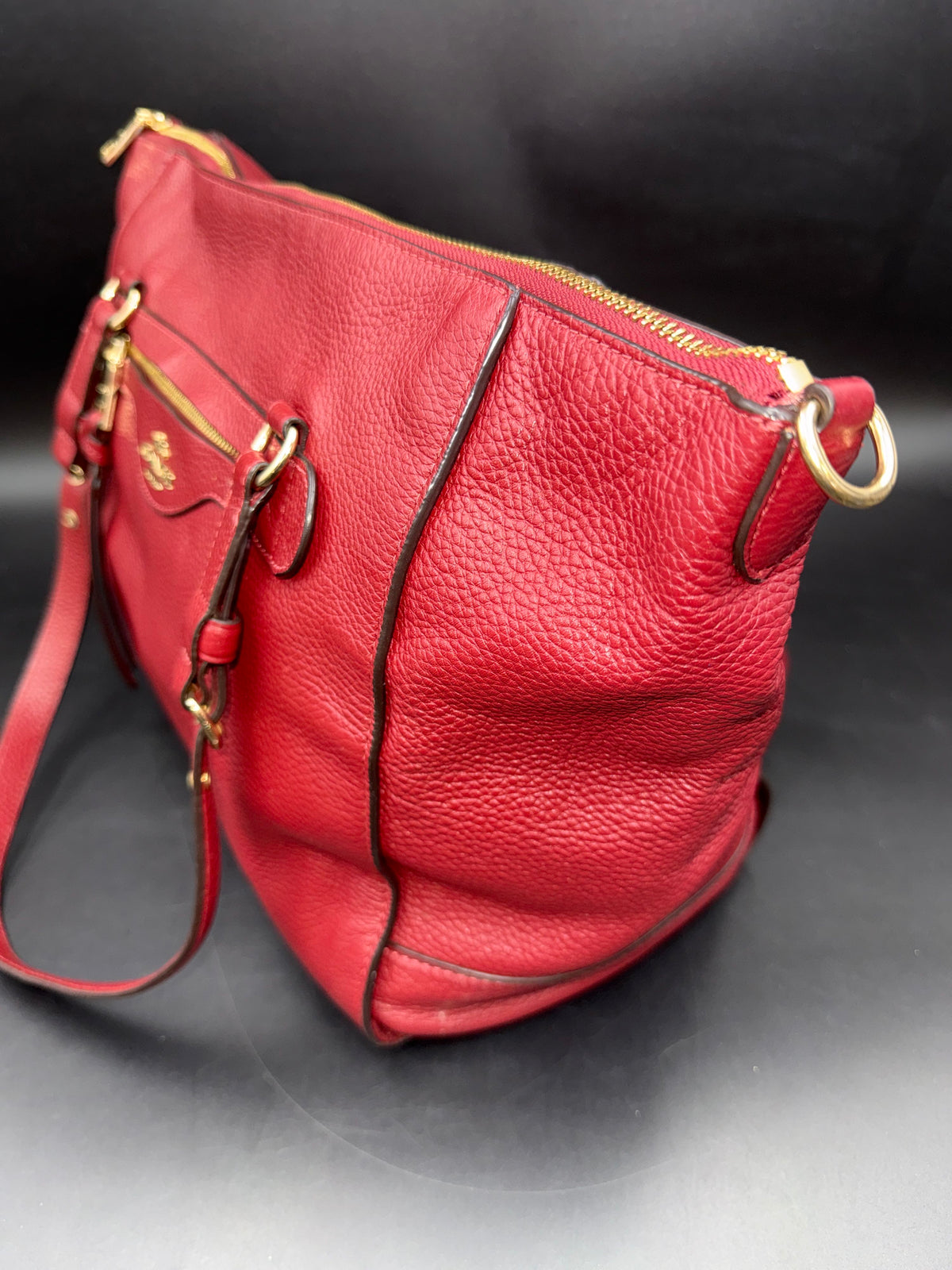 Coach Red Pebbled Leather Katy Satchel Crossbody Handbag Gold Hardware COA